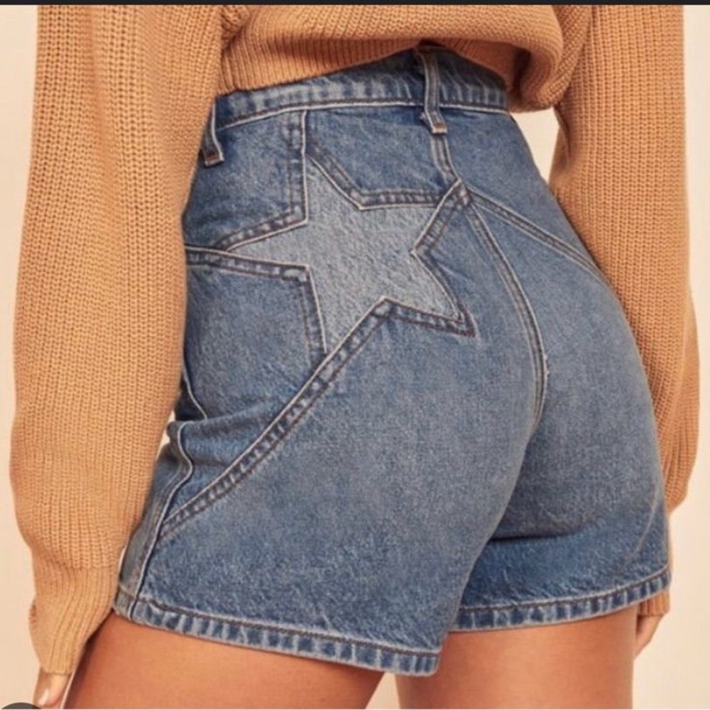 Reformation H-Waisted Blue Denim Star Shorts